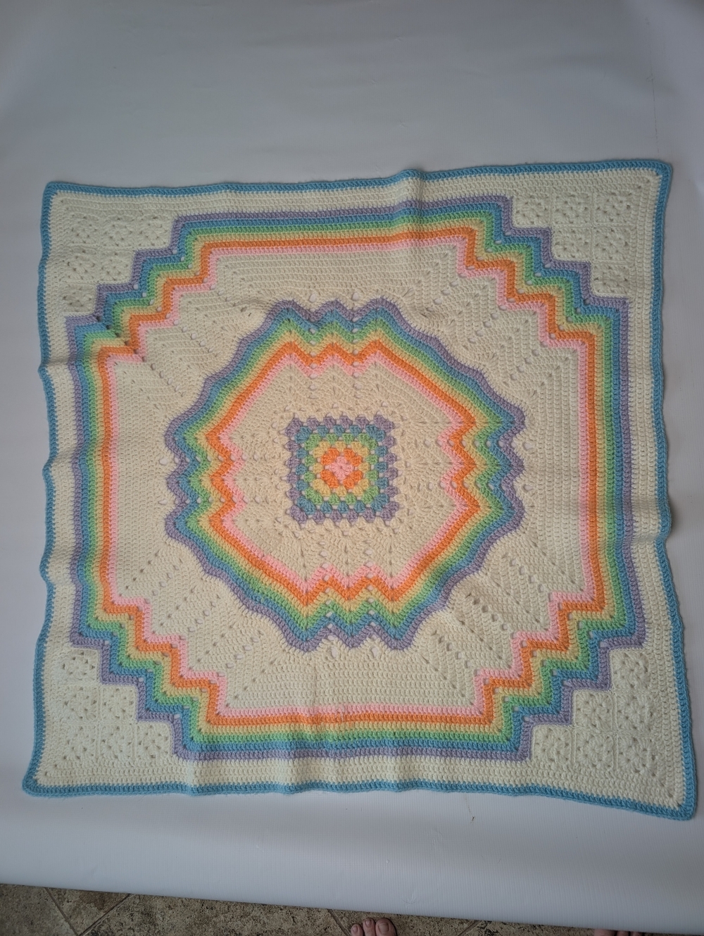 Rainbow Crocheted Blanket Hand Made Lap Shawl Size 39" X 39" Geometric